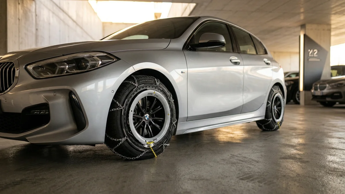 Chaînes neige Disc pour dimensions 225/55R17 245/45R18 et 245/40R19 pour BMW Série 5 F10 F11 G30 G31 — visuel en situation sur une BMW Série 1