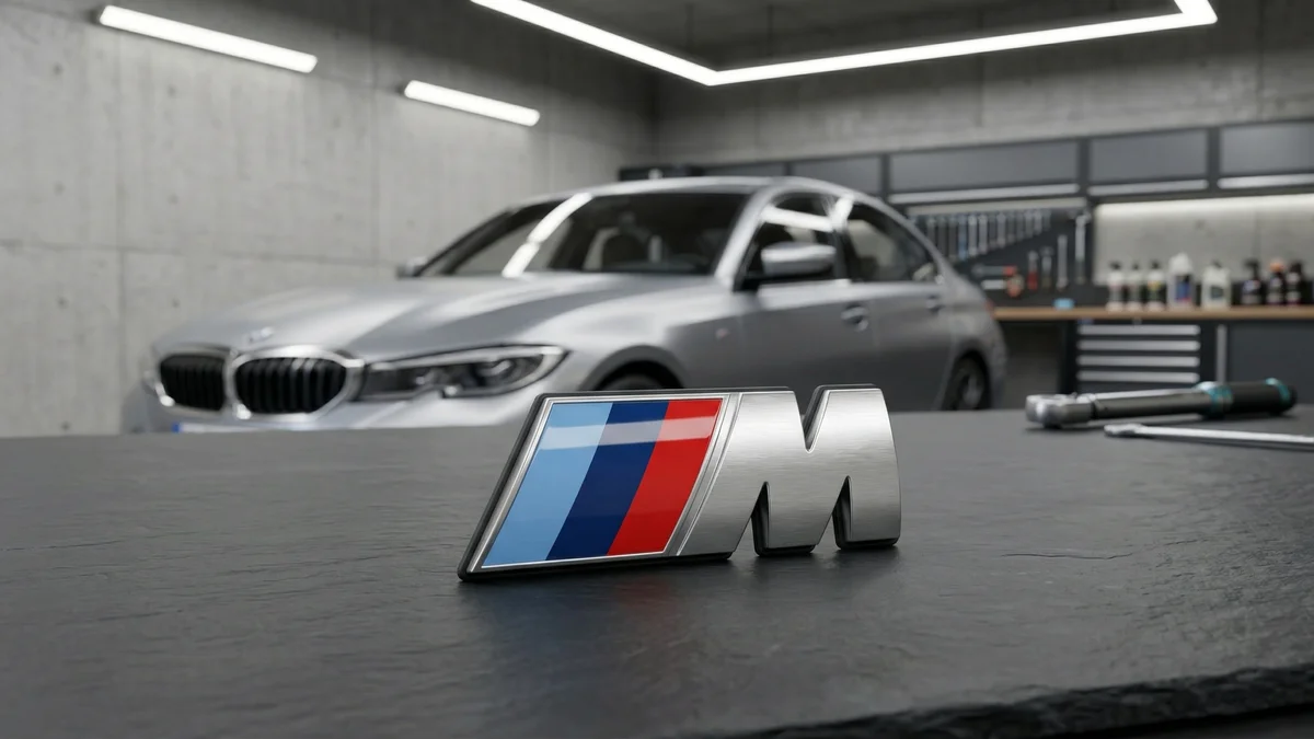 Logo BMW de panneau latéral (M / Perlglanz) - pour BMW Série 5 G60 G61 — visuel en situation sur une BMW Série 3
