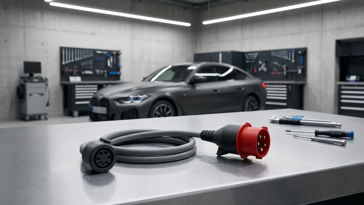 Câble adaptateur CEE 16 A (rouge, triphasé) pour BMW i4 G26 Gran Coupé — visuel en situation sur une BMW i4
